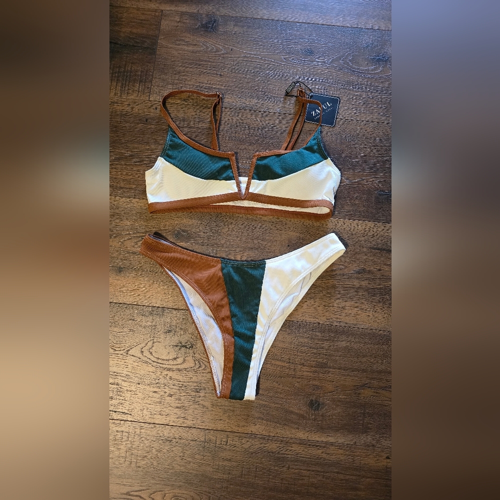 Zaful Green and Brown Bikini Set Sporty Bandeau